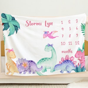 Dinosaur Milestone Blanket, Baby Girl Month Blanket, Dinosaur Nursery, Brontosaurus, Tyrannosaurus Rex, Triceratops, Baby Shower Gift