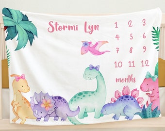 Dinosaur Milestone Blanket, Baby Girl Month Blanket, Dinosaur Nursery, Brontosaurus, Tyrannosaurus Rex, Triceratops, Baby Shower Gift