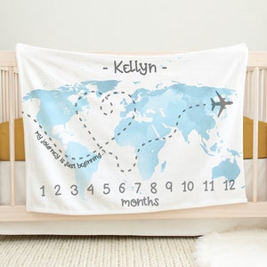 Couverture jalon carte du monde, couverture aventure personnalisée pour bébé, couverture mensuelle de voyage, couverture pour la croissance de bébé, couverture pour bébé fille garçon