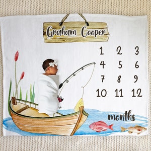 Fishing Milestone Blanket, Personalized Fishing Baby Boy Milestone Blanket, Fishing Nursery, Boy Growth Blanket, Custom Name Boy Milestone