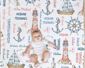 Personalized Baby Boy Nautical Blanket, Nautical Baby Blanket, Custom Name Baby Gift, Nautical Sailboat Anchor Blanket, Nautical Nursery