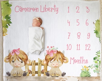 Personalized Highland Cow Milestone Blanket, Highland Cow Baby Girl Milestone Blanket, Baby Age Blanket, Highland Cow Tracker Blanket