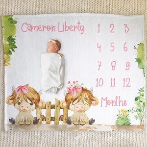 Personalized Highland Cow Milestone Blanket, Highland Cow Baby Girl Milestone Blanket, Baby Age Blanket, Highland Cow Tracker Blanket