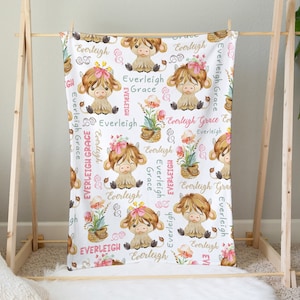 Personalized Highland Cow Blanket, Highland Cow Baby Girl Blanket, Toddler Birthday Gift, Cow Baby Shower Gift, Highland Cow Nursery