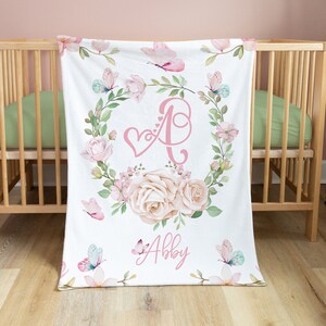 Floral Personalized Baby Blanket, Butterfly Monogram Baby Blanket, Girl Name Blanket, Monogram Blanket