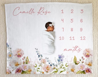 Floral Milestone Blanket Girl, Wildflower Baby Month Blanket, Personalized Baby Girl Shower Gift, New Mom Gift, Baby Nursery Monthly Blanket