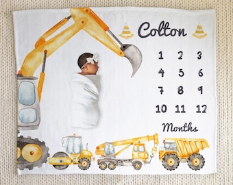 Construction Milestone Blanket Boy, Dump Truck Baby Boy Milestone Blanket, Crane Baby Age Blanket, Excavator Growth Tracker Blanket