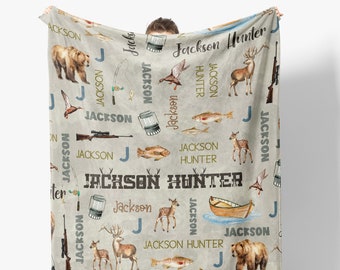 Hunting Fishing Blanket, Personalized Hunting Baby Blanket, Custom Baby Boy Blanket, Personalized Name Blanket, Outdoors Duck Bear Buck Deer