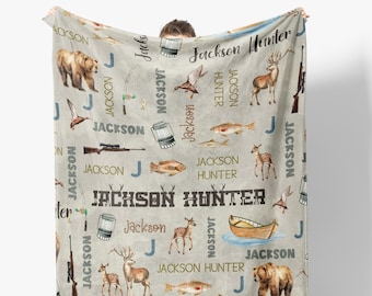 Hunting Baby Blanket, Custom Baby Boy Blanket, Custom Hunting Fishing Baby Blanket, Personalized Name Blanket, Outdoors Duck Bear Buck Deer