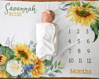 Personalized Baby Girl Sunflower Milestone Blanket, Sunflower Baby Blanket, Yellow Floral Monthly Growth Blanket, Girl Sunflower Blanket