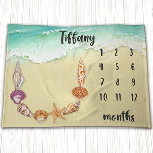 Seashell Starfish Beach Milestone Blanket, Personalized Baby Milestone Blanket, Baby Boy Month Blanket, Sea Shore Blanket
