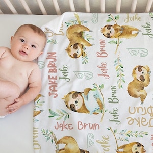 Personalized Sloth Baby Boy Blanket, Minky Baby Boy Blanket, Name Pattern Blanket, Personalized Baby Gifts, Sloth Baby Bedding