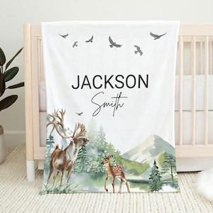 Baby Boy Blanket, Personalized Woodland Animal Baby Blanket, Unisex Nursery Decor, Deer Baby Blanket With Name, Neutral Baby Gender Blanket
