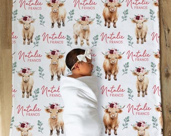 Personalized Baby Blanket - Custom Name Cow Print Blanket, Soft Minky Fleece, 30x40 Inches For Swaddle, Crib, Stroller