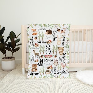 Woodland Animals Baby Blanket, Personalized Forest Theme Name Blanket, Personalized Baby Boy Girl Gift, Woodland Animals Baby Bedding