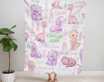 Baby Girl Dinosaur Blanket, Personalized Dinosaur Blanket for Kids Toddler, Baby Name Blanket, Nursery Decor, Pink Dinosaur Baby Shower Gift