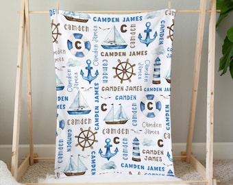 Nautical Baby Blanket Personalized, Nautical Baby Boy Blanket, Custom Name Baby Gift, Baby Boy Gift, Lighthouse Anchor Nautical Nursery