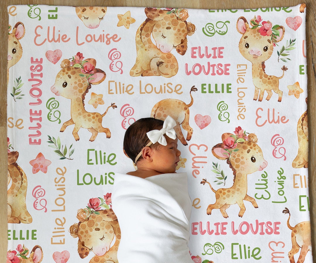 Personalized Giraffe Baby Girl Blanket, Safari Animals Baby Blanket ...