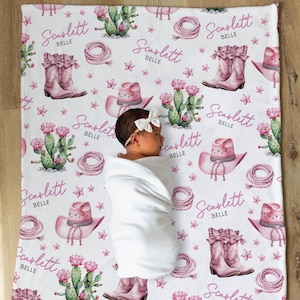 Pink Boots Western Baby Girl Blanket, Personalized Cowgirl Name Blanket, Baby Girl Shower Gift Cowgirl Nursery Decor, Girl&#39;s Newborn Swaddle