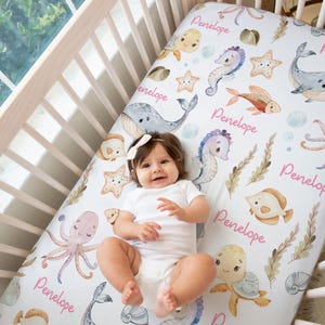 Under The Sea Animals Baby Girl Crib Sheet, Personalized Fitted Crib Sheet, Whale Turtle Crib Sheet, Custom Crib Sheet Ocean Bedding