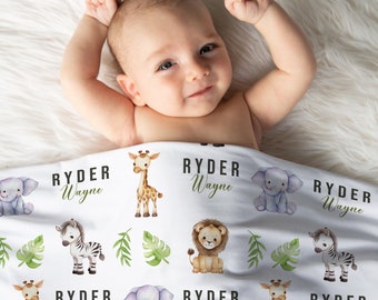 Safari Baby Blanket With Name, Baby Boy Swaddle, Name Swaddle for Baby Boy, Custom Safari Animals Baby Blanket, Safari Baby Shower Gifts