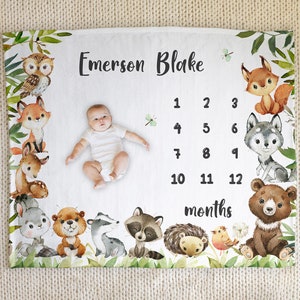 Personalized Woodland Milestone Blanket, Woodland Animals Blanket, Neutral Baby Milestone Blanket, Green Woodland Newborn Baby Gift
