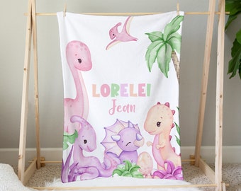 Pink Dinosaur Baby Blanket, Personalized Baby Girl Blanket, Baby Name Blanket, Dinosaur Baby Gift, Dinosaur Blanket, Baby Dinosaur Blanket