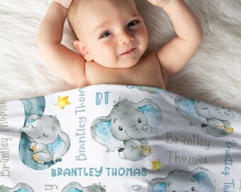 Elephant Baby Blanket, Personalized Baby Boy Blanket, Elephant Baby Name Blanket, Elephant Nursery, Elephant Baby Boy Toddler Gift
