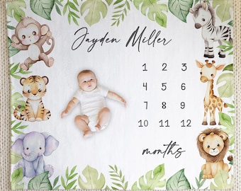 Animal Safari Milestone Blanket, Baby Milestone Blanket Boy, Personalized Safari Blanket, Month Milestone Blanket, Safari Newborn Baby Gift