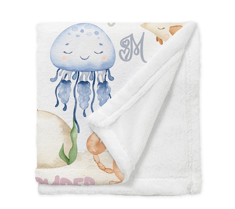 Sea Animals Baby Blanket, Personalized Ocean Animals Blanket, Under Sea Minky Blanket, Whales Baby Blanket, Personalized Turtle Name Blanket image 3