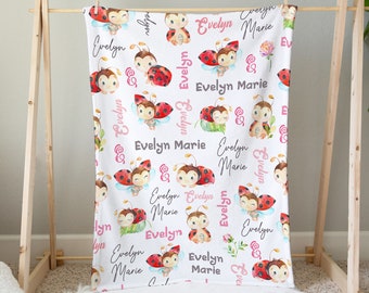 Personalized Ladybug Baby Name Blanket, Lady Bug Baby Swaddle, Pink Ladybug Bedding Set, Custom Baby Swaddle, Hospital Photo