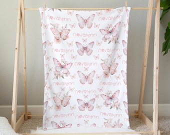Personalized Butterfly Floral Baby Name Blanket, Butterfly Baby Swaddle, Pink Butterfly Bedding Set, Hospital Photo, Custom Baby Swaddle