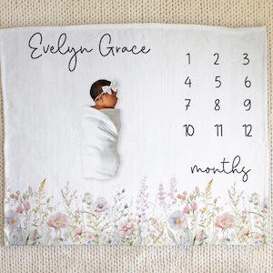 Wildflower Baby Milestone Blanket, Personalized Baby Girl Month Blanket, Pink Purple Pastel Botanical Baby Girl Blanket, Flowers Field