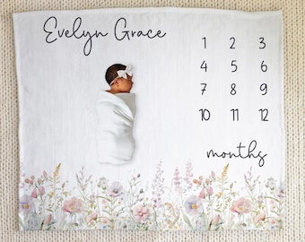 Wildflower Baby Milestone Blanket, Personalized Baby Girl Month Blanket, Pink Purple Pastel Botanical Baby Girl Blanket, Flowers Field
