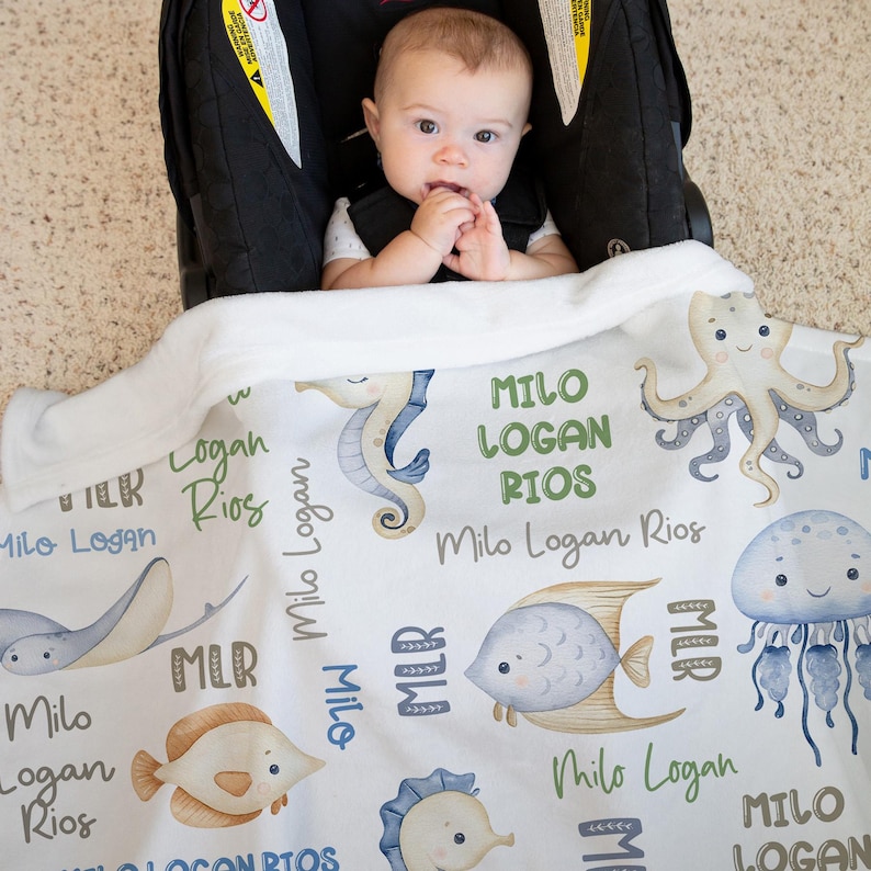 May include: A white baby blanket with a sea life theme. The blanket features a variety of sea creatures, including a seahorse, an octopus, a jellyfish, and a fish. The blanket is personalized with the name "Milo Logan Rios" repeated throughout the design.