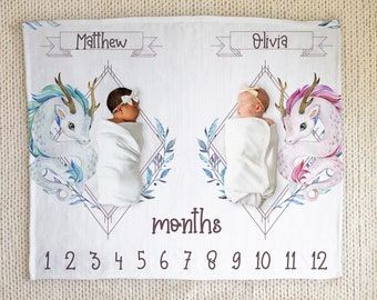 Dragon Twin Milestone Blanket, Personalized Baby Shower Gift