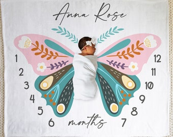 Butterfly Wings Milestone Blanket Boho Girl Milestone Blanket, Personalized Monthly Blanket Angel Wings Growth Tracker Butterfly Baby Shower
