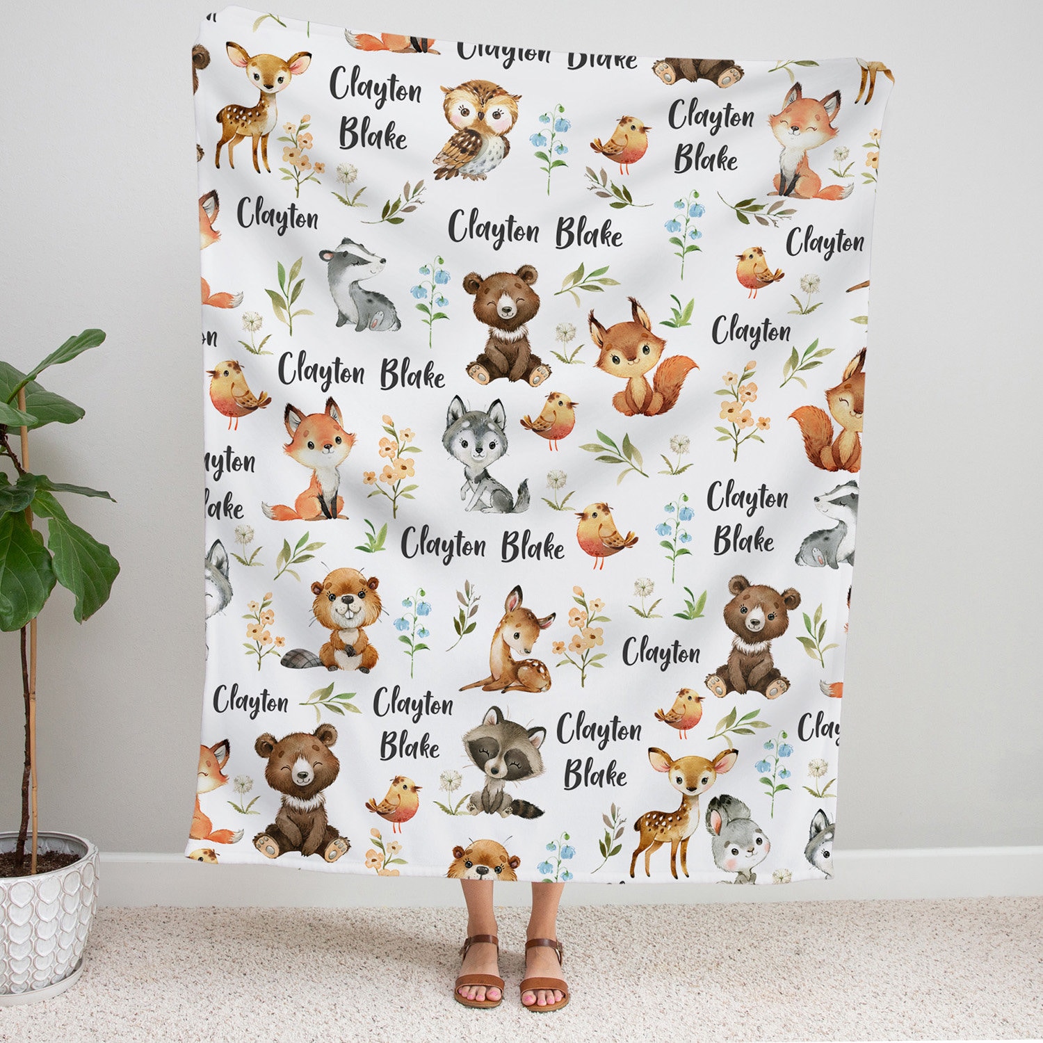 Woodland Animal Blanket, Custom Baby Boy Blanket, Personalized Baby Blanket, Woodland Bear Baby Shower, Woodland Theme Nursery Gift