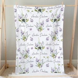 Floral Baby Name Blanket, Personalized Girl Name Blanket, Custom Name Infant Girl Flower Blanket, Newborn Girl Gift, Purple Floral Blanket