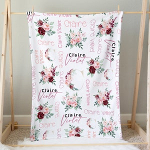 Pink Floral Baby Girl Blanket Personalized Burgundy Rose Custom Name Blanket, Floral Baby Shower, Floral Baby Shower Gift, Newborn Girl Gift