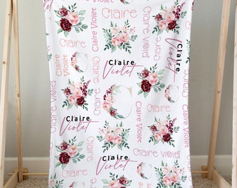 Pink Floral Baby Girl Blanket Personalized Burgundy Rose Custom Name Blanket, Floral Baby Shower, Floral Baby Shower Gift, Newborn Girl Gift