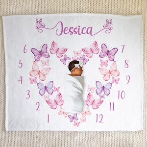 Butterfly Milestone Blanket Heart Shape, Butterfly Baby Girl Milestone Blanket, Monthly Blanket Growth Tracker Butterfly Baby Shower