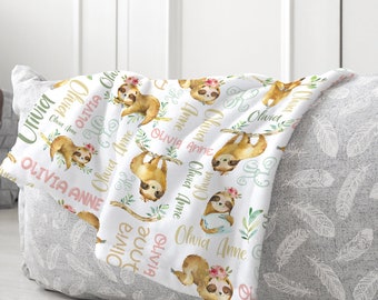Personalized Sloth Baby Blanket, Watercolor Floral, Minky or Sherpa