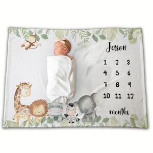 Safari Animals Milestone Blanket, Safari Track Baby Growth, Jungle Animals Baby Boy Girl Blanket, Personalized Monthly Baby Blanket