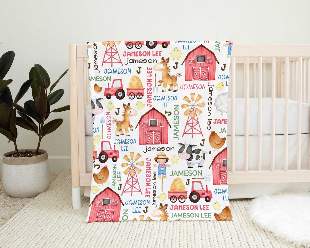 Personalized Farm Animals Baby Blanket, Horse Cow Barn Farm Baby