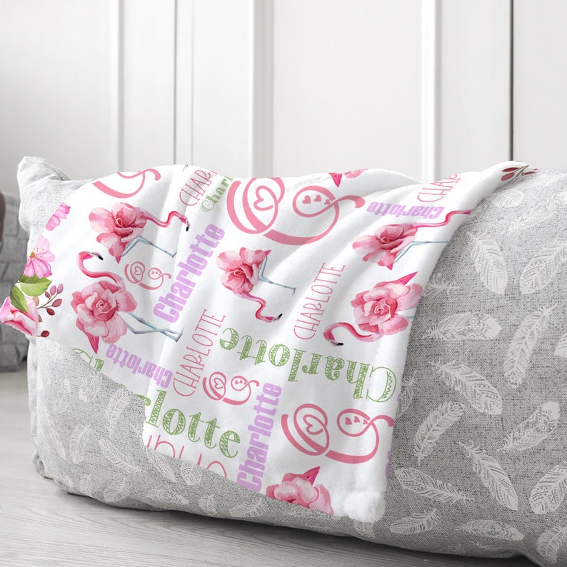 Custom Flamingo Baby Blanket With Name Personalized Baby Girl Etsy