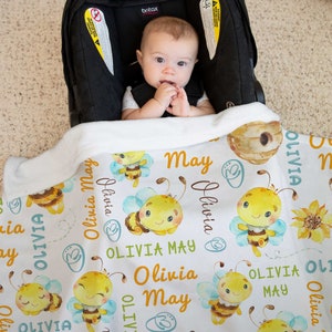 Personalized Bees Baby Blanket, Bees Baby Boy Blanket, Baby Name Blanket, Bees Sunflower Baby Girl Blanket, Baby Shower Gift, Bees Nursery