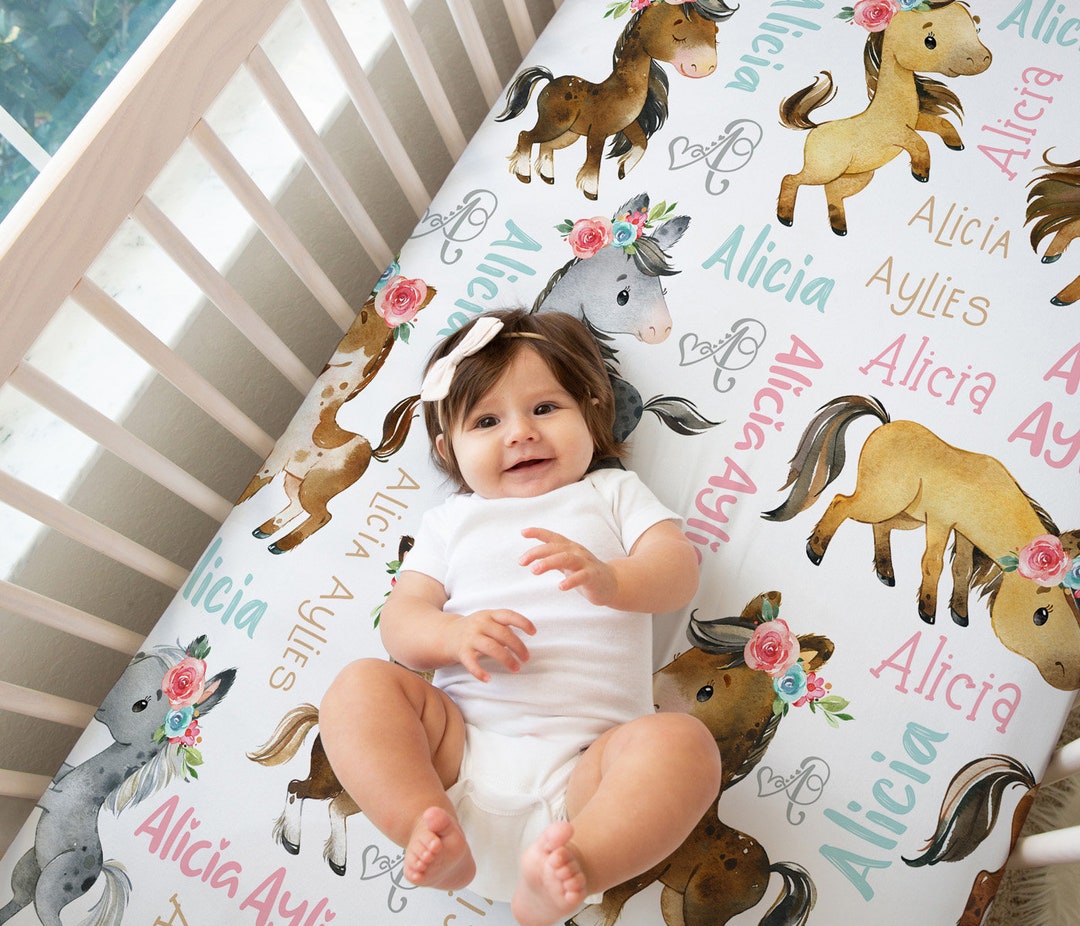 Personalized Horse Baby Girl Crib Sheet, Horse Crib Sheet, Personalized