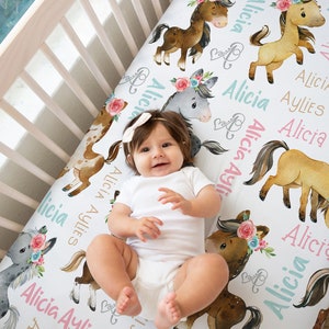 Personalized Horse Baby Girl Crib Sheet, Horse Crib Sheet, Personalized Fitted Crib Sheet, Horse Crib Sheet, Custom Crib Sheet Horse Bedding