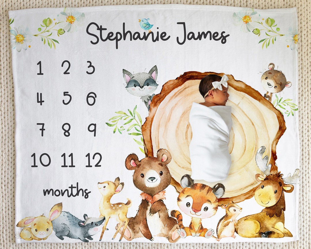 Milestone Blanket Personalized, Woodland Milestone Blanket, Monthly